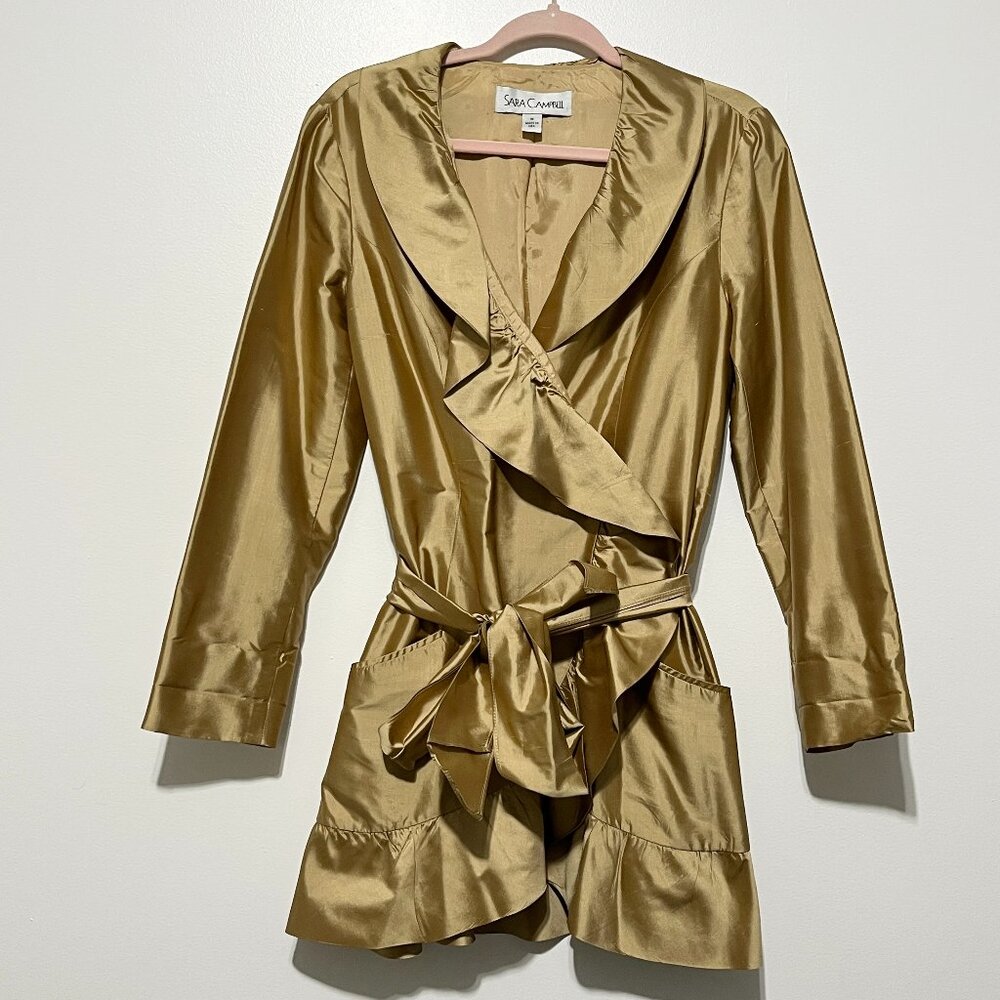 Sara Campbell Womens VTG Ruffle Trench Jacket M Gold Maximalist Gallery Taffeta